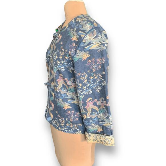 Vintage Doncaster Tapestry Jacket Blue Folk Art Pastoral Scene Blazer Size 10 - Picture 6 of 14